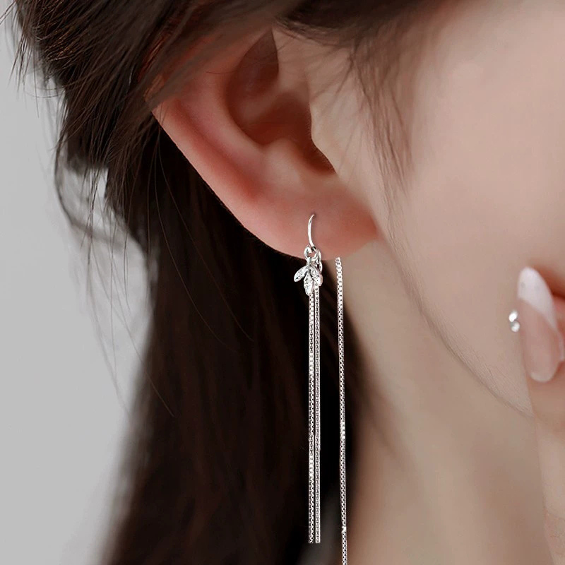 Snake Plant - 925 Silver Long Tassel Leaf Earrings